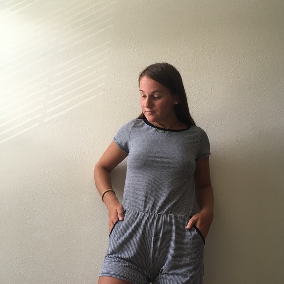 Navy blue and white striped romper - Picture 2 of 3